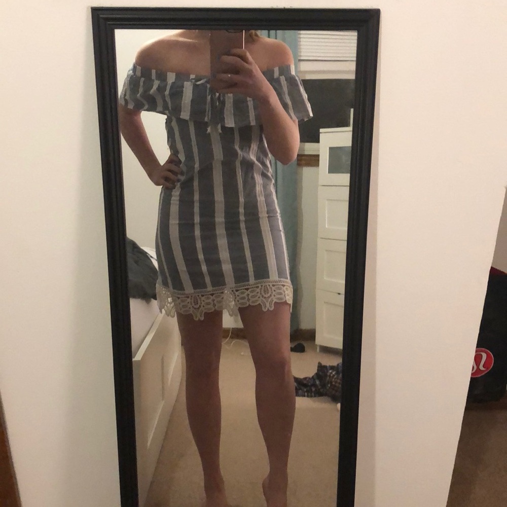 Gray & White Striped Off the Shoulder Dress